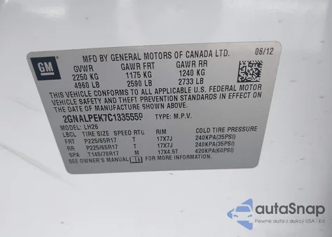 2012 Chevrolet Equinox 2Lt from USA, damaged, VIN 2GNALPEK7C1335559